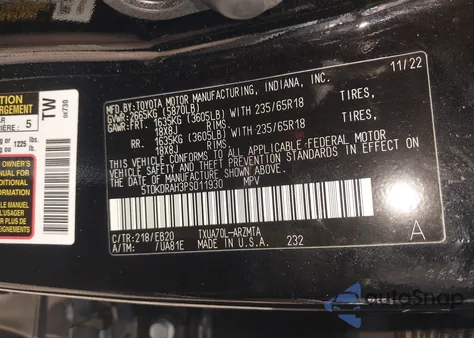 2023 Toyota Highlander Xle из США, поврежденный, VIN 5TDKDRAH3PS011930